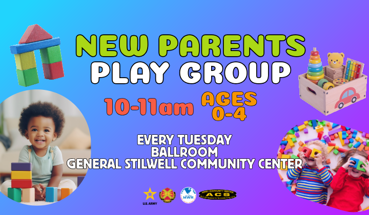 New Parent Playgroup. Ages 0-4. Tuesdays 10-11. General Stilwell Community Center Ballroom